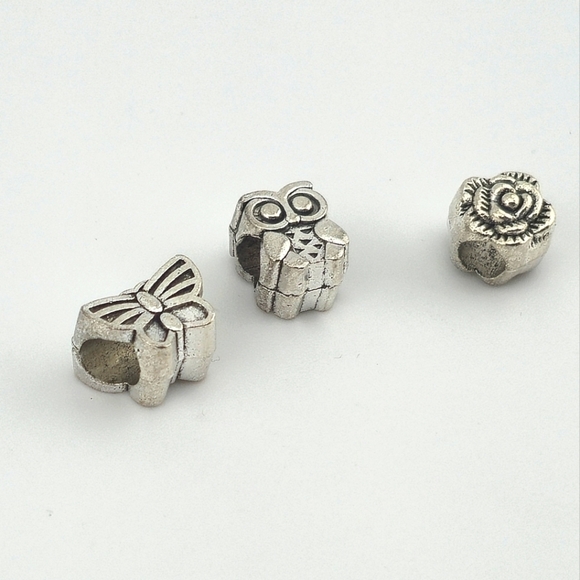 Set of 3 Silver Tone European Charm Beads Butterfly Owl Rose Nature Jewelry - Picture 1 of 3
